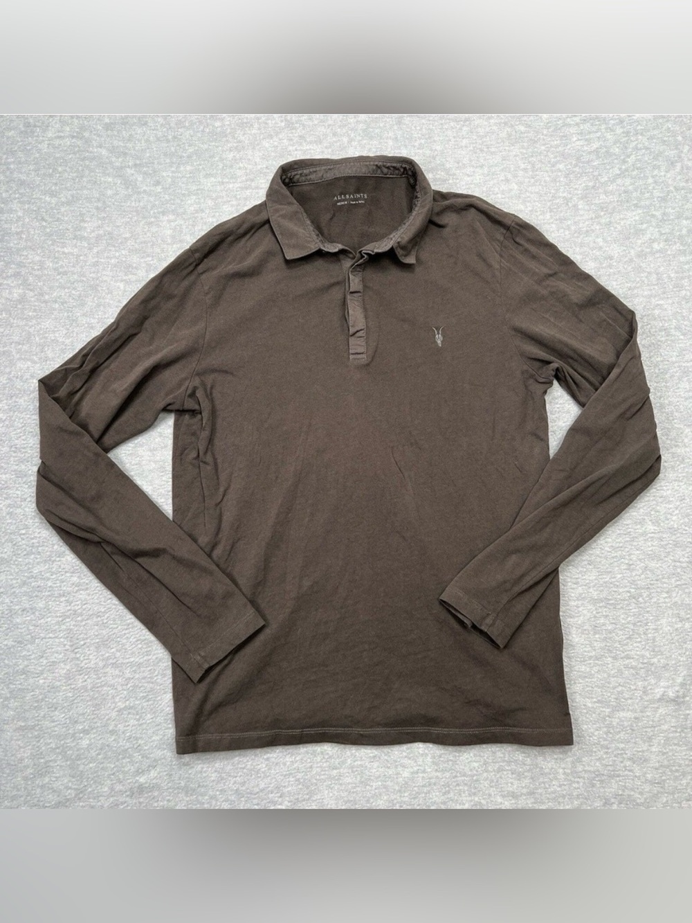 AllSaints Shirt Mens Medium Brown Brace Polo Long Sleeve Lightweight Ramskull